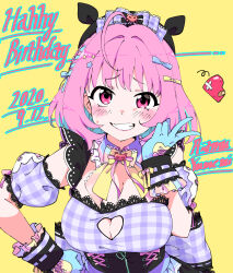 Rule 34 | 1girl, absurdres, ahoge, aqua hair, back bow, beret, blush, bow, breasts, character name, cleavage, cleavage cutout, clothing cutout, dated, detached collar, detached sleeves, dr. gero (staedtler 0508), dress, forced smile, frilled dress, frills, gloves, hair bow, hand on own hip, happy birthday, hat, highres, idolmaster, idolmaster cinderella girls, idolmaster cinderella girls starlight stage, large breasts, looking at viewer, medium hair, multicolored hair, neck ribbon, pink eyes, pink hair, purple dress, ribbon, simple background, small sweatdrop, solo, upper body, v, yellow background, yumemi riamu