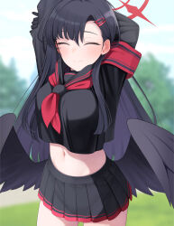 Rule 34 | 1girl, armband, black hair, black sailor collar, black serafuku, black skirt, black wings, blue archive, blush, closed eyes, closed mouth, cowboy shot, facing viewer, feathered wings, fed (giba), hair ornament, hairclip, halo, highres, ichika (blue archive), long hair, long sleeves, low wings, neckerchief, pleated skirt, red armband, red halo, red neckerchief, sailor collar, school uniform, serafuku, skirt, smile, solo, wings
