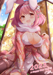 Rule 34 | 1girl, 2023, :d, animal ears, blue sky, blush, braid, breasts, brown eyes, chinese zodiac, cloud, commentary request, covered navel, day, fake animal ears, floral print, hairband, happy new year, highres, hoshizaki akari, japanese clothes, kimono, large breasts, leotard, leotard under clothes, long sleeves, looking at viewer, new year, obi, ongeki, open mouth, outdoors, pink hair, pink kimono, print kimono, rabbit ears, sash, signature, sky, sleeves past wrists, smile, solo, strapless, strapless leotard, twin braids, white hairband, white leotard, wide sleeves, xenon (for achieve), year of the rabbit