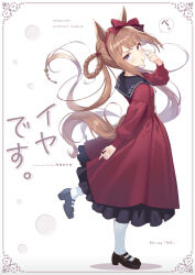 Rule 34 | 1girl, animal ears, brown hair, commentary request, cover, cover page, dress, full body, hair rings, hairband, highres, horse ears, horse girl, horse tail, long dress, long hair, long sleeves, looking at viewer, mary janes, nueco, puffy sleeves, purple eyes, red dress, sailor collar, shoes, socks, solo, sweep tosho (umamusume), tail, tongue, tongue out, twintails, umamusume, white background, white socks