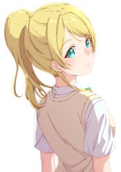 Rule 34 | 1girl, absurdres, ayase eli, blonde hair, blue eyes, from behind, high ponytail, highres, kobayashi nyoromichi, long hair, looking at viewer, looking back, love live!, love live! school idol project, otonokizaka school uniform, school uniform, shirt, short sleeves, simple background, smile, solo, summer uniform, sweater vest, upper body, white background, white shirt