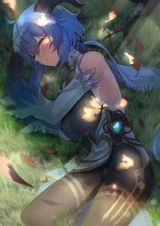 Rule 34 | 1girl, absurdres, ahoge, amane sora, bad id, bad pixiv id, bare shoulders, bell, black gloves, black legwear, blue flower, blue hair, blush, breasts, chinese knot, closed eyes, cowbell, curled horns, dappled sunlight, day, detached sleeves, falling leaves, feet out of frame, flower, flower knot, ganyu (genshin impact), genshin impact, gloves, gold trim, grass, highres, horns, leaf, long hair, long sleeves, lying, neck bell, on side, outdoors, parted lips, sideboob, sleeping, solo, sunlight, tassel, thighlet, vision (genshin impact), white sleeves, wide sleeves