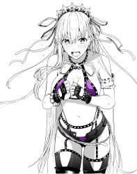 Rule 34 | 1girl, bare shoulders, bb (fate), bb (fate) (all), bb (swimsuit mooncancer) (fate), bb (swimsuit mooncancer) (second ascension) (fate), bead bracelet, beads, bikini, blush, bracelet, breasts, cleavage, collarbone, fate/grand order, fate (series), fingerless gloves, garter belt, gloves, greyscale, hair ornament, hair ribbon, hairband, highres, jewelry, large breasts, long hair, looking at viewer, micro shorts, monochrome, navel, neck ribbon, open mouth, purple bikini, ribbon, shorts, solo, spot color, star (symbol), star hair ornament, studded garter belt, swimsuit, syatey, thighhighs, thighs, very long hair