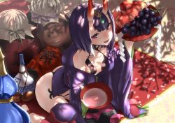Rule 34 | 1girl, alcohol, black fundoshi, bottle, cherry blossoms, chinese clothes, commentary request, cup, dudou, fangs, fate/grand order, fate (series), food, fruit, fundoshi, grapes, hanami, headpiece, highres, holding, holding cup, holding tray, horns, japanese clothes, jug (bottle), kimono, kneeling, oni, open clothes, open kimono, open mouth, outdoors, peach, purple eyes, purple hair, purple kimono, revealing clothes, sakazuki, sake, sake bottle, shade, shide, short eyebrows, short hair, shuten douji (fate), skin-covered horns, smile, solo, tray, tree shade, tsuuhan
