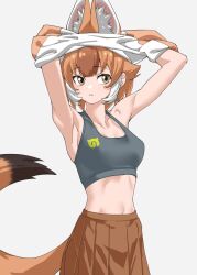 Rule 34 | 1girl, animal ears, breasts, brown hair, dhole (kemono friends), dog ears, dog girl, dog tail, extra ears, highres, kemono friends, kemono friends 3, looking at viewer, medium breasts, midriff, multicolored hair, pleated skirt, short hair, skirt, solo, sports bra, tail, tanabe (fueisei), two-tone hair, undressing, white hair