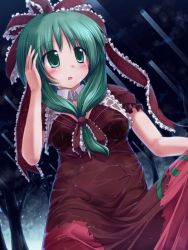 Rule 34 | 1girl, blush, cloud, cloudy sky, dress, female focus, forest, front ponytail, green eyes, green hair, hair ribbon, hand in own hair, highres, kagiyama hina, lzh, matching hair/eyes, nature, open mouth, red dress, ribbon, sky, solo, touhou, wet, wet clothes, wet dress, wet hair
