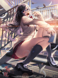 Rule 34 | 10s, 1girl, 2013, bird, black hair, black socks, blue-framed eyewear, book, candy, cardigan, chigira rinan, dated, feathers, food, full body, furyou michi ~gang road~, glasses, kneehighs, legs, lens flare, loafers, lollipop, long hair, looking at viewer, love cacao, notebook, pigeon, plaid, plaid skirt, pleated skirt, purple hair, red eyes, school uniform, shoes, sitting, sitting on stairs, skirt, sleeves past wrists, socks, solo, stairs, sweater, wind