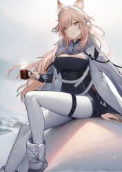 Rule 34 | 1girl, absurdres, animal ears, arknights, black dress, boots, breasts, cleavage, commentary request, cup, dress, hairband, highres, holding, holding cup, jacket, large breasts, leggings, long hair, looking at viewer, mug, official alternate costume, pants, pink eyes, pink hair, pozyomka (arknights), pozyomka (snowy plains in words) (arknights), sitting, solo, tenjinmeshi, very long hair, white footwear, white hairband, white jacket, white pants, wolf ears