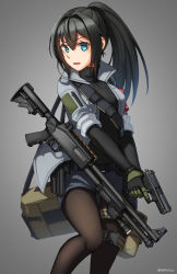 Rule 34 | 1girl, absurdres, bag, black gloves, black hair, black shirt, blue eyes, breasts, brown pantyhose, commentary request, gloves, grey background, grey jacket, grey shorts, gun, hair between eyes, hair intakes, handgun, highres, holding, holding gun, holding weapon, jacket, layered sleeves, long hair, long sleeves, looking at viewer, muzzle device, ndtwofives, open clothes, open jacket, open mouth, original, pantyhose, pantyhose under shorts, pistol, ponytail, rail (weapon), shirt, short over long sleeves, short shorts, short sleeves, shorts, shotgun, shotgun shell holder, shoulder bag, sidelocks, small breasts, solo, telescoping stock, trigger discipline, twitter username, two-handed, two-handed handgun grip, weapon, weapon request