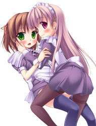 Rule 34 | 2girls, blush, brown hair, eyebrows, green eyes, hair ornament, hair ribbon, hairclip, hand on another&#039;s face, leg between thighs, long hair, looking at viewer, looking back, maid, multiple girls, nullken, open mouth, original, pantyhose, purple eyes, ribbon, short hair, short sleeves, simple background, smile, thighhighs, two side up, white background