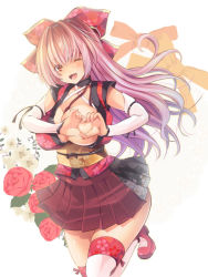 Rule 34 | 1girl, bow, breasts, commentary request, detached sleeves, fang, floral print, hair between eyes, hair bow, hair ribbon, heart, heart hands, japanese clothes, kimono, large breasts, leg up, long hair, looking at viewer, maki (seventh heaven maxion), obi, one eye closed, open mouth, original, pink hair, plaid, plaid skirt, red eyes, ribbon, sash, shoes, short kimono, skin fang, skirt, solo, thighhighs