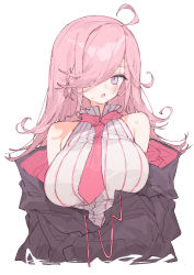 Rule 34 | 1girl, ahoge, bare shoulders, black jacket, breasts, grey eyes, hair over one eye, ica (1111ica), jacket, large breasts, long hair, looking at viewer, necktie, open mouth, pink hair, pink necktie, simple background, solo, striped, sweat, upper body, white background