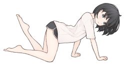 Rule 34 | 1girl, 1ssakawaguchi, all fours, barefoot, black eyes, black hair, black shorts, blunt bangs, blush, bob cut, closed mouth, commentary request, dolphin shorts, from side, full body, highres, ichika (1ssakawaguchi), leg up, looking at viewer, original, shirt, short hair, short shorts, short sleeves, shorts, simple background, smile, solo, white background, white shirt