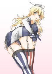 Rule 34 | 10s, 1girl, :o, american flag panties, american flag print, anchor, armpits, ass, asymmetrical legwear, bent over, blonde hair, blue eyes, breasts, chain, crotch seam, eyebrows, fingerless gloves, from behind, front-tie top, garter straps, gloves, gradient background, hair between eyes, headgear, highres, iowa (kancolle), kantai collection, large breasts, long hair, looking at viewer, looking back, miniskirt, mismatched legwear, okutama tarou, panties, pantyshot, pink background, print panties, skirt, sleeveless, solo, standing, star-shaped pupils, star (symbol), star print, striped clothes, striped skirt, striped thighhighs, symbol-shaped pupils, thigh gap, thighhighs, underwear, vertical-striped clothes, vertical-striped skirt, vertical-striped thighhighs, white background, wrist cuffs, zettai ryouiki