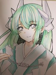 Rule 34 | 1girl, closed mouth, commentary request, fate/grand order, fate (series), green hair, grey eyes, hair between eyes, highres, horn ornament, horns, japanese clothes, kimono, kiyohime (fate), long hair, looking at viewer, photo (medium), smile, solo, tanaji, traditional media, upper body