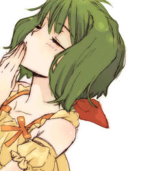 Rule 34 | 1girl, bad id, bad pixiv id, bare shoulders, closed eyes, covering own mouth, green hair, hand over own mouth, macross, macross frontier, pepulong, ranka lee, simple background, solo, white background