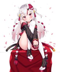 Rule 34 | 1girl, absurdres, bell, black kimono, blush, double bun, gradient hair, grin, hair bell, hair bun, hair ornament, head tilt, highres, hololive, hugging own legs, interlocked fingers, japanese clothes, jingle bell, k mugura, kimono, knees up, long hair, long sleeves, mask, mask on head, multicolored hair, nakiri ayame, nakiri ayame (1st costume), off shoulder, oni mask, own hands together, petals, pink hair, red eyes, red footwear, red hair, sandals, silver hair, sleeves past wrists, smile, solo, streaked hair, thighhighs, two side up, very long hair, virtual youtuber, white background, white thighhighs, zouri