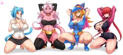 Rule 34 | 4girls, absurdres, android 21, animal ears, armpits, arms behind head, arms up, artist name, bare shoulders, barefoot, belly chain, black choker, black footwear, black gloves, black legwear, black panties, black sclera, black skirt, black tubetop, blonde hair, blue footwear, blue hair, blue tail, blush, blush stickers, boots, breasts, cameltoe, cat ears, cat tail, choker, cleavage, cleft of venus, collarbone, colored sclera, colored skin, covered erect nipples, covered navel, cropped jacket, dark magician girl, dragon ball, dragon ball fighterz, dress, duel monster, elbow gloves, full body, fur trim, gloves, gold choker, green eyes, grey background, grin, hair over eyes, hand on own chest, hat, high heel boots, high heels, highres, huge breasts, humanization, jacket, jewelry, jmg, kneeling, lace-up, large breasts, long hair, looking at viewer, majin android 21, mature female, messy hair, microdress, mixed-language commentary, multiple girls, navel, nicole watterson, nipples, no bra, panties, pantyshot, pentagram, pink jacket, pink skin, plunging neckline, polo shirt, popped collar, red eyes, red hair, revealing clothes, shermie (kof), short hair, side slit, skirt, smile, solo, split ponytail, squatting, strapless, swimsuit, swimwear, tail, teeth, the amazing world of gumball, the king of fighters, the king of fighters xv, thick thighs, thigh boots, thighhighs, thighs, tubetop, underwear, whisker markings, white background, white hair, wide hips, wizard hat, yu-gi-oh!