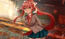 Rule 34 | 1girl, akasa tanu, arms behind back, blazer, blue skirt, blurry, blurry background, blush, bow, breasts, brown hair, brown jacket, brown vest, chair, chalkboard, classroom, closed mouth, commentary request, desk, doki doki literature club, green eyes, hair bow, hair ribbon, highres, indoors, jacket, large breasts, lens flare, long hair, long sleeves, looking at viewer, monika (doki doki literature club), plaid, plaid skirt, pleated skirt, ponytail, red ribbon, ribbon, school chair, school desk, school uniform, shirt, skirt, smile, solo, standing, very long hair, vest, white bow, white ribbon, white shirt