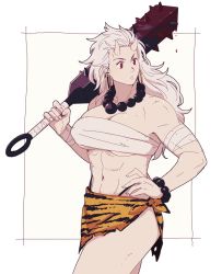 Rule 34 | 1girl, abs, animal print, bandaged arm, bandages, beads, blood, bloody weapon, bracelet, club, club (weapon), dorohedoro, dripping, earrings, hair slicked back, hand on own hip, hanpetos, holding, holding weapon, hoop earrings, horns, jewelry, kanabou, loincloth, looking to the side, medium hair, muscular, muscular female, navel, necklace, noi (dorohedoro), oni, prayer beads, red eyes, sarashi, scratches, simple background, solo, spiked club, standing, thong, tiger print, torn clothes, weapon, white background, white hair
