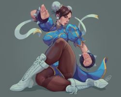 Rule 34 | 1girl, boots, bracelet, breasts, capcom, chinese clothes, chun-li, covered erect nipples, crossed legs, earrings, ed (edemevas), grey background, head tilt, highres, jewelry, large breasts, pantyhose, pelvic curtain, simple background, solo, street fighter