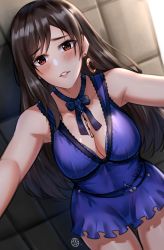 Rule 34 | 1girl, absurdres, bare shoulders, black hair, blue dress, blush, breasts, choker, cleavage, collarbone, dress, final fantasy, final fantasy vii, final fantasy vii remake, highres, hua-j, large breasts, leaning forward, long hair, looking at viewer, outstretched arms, parted lips, red eyes, smile, thighs, tifa lockhart, tifa lockhart (refined dress)
