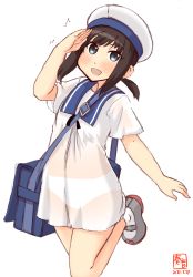 Rule 34 | 1girl, artist logo, bag, black hair, commentary request, cosplay, cowboy shot, dated, dress, fubuki (kancolle), grey eyes, hat, hiburi (kancolle), hiburi (kancolle) (cosplay), highres, kanon (kurogane knights), kantai collection, long hair, looking at viewer, low ponytail, messenger bag, one-hour drawing challenge, panties, ponytail, sailor collar, sailor dress, sailor hat, salute, see-through, shoes, short hair, short ponytail, short sleeves, shoulder bag, sidelocks, simple background, socks, solo, standing, standing on one leg, underwear, uwabaki, white background, white dress, white panties, white socks