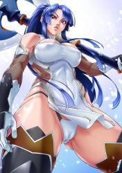 Rule 34 | 1girl, absurdres, ass, axe, bare shoulders, battle axe, blue hair, breasts, cameltoe, camisole, cleavage, cleft of venus, curvy, dress, expressionless, gloves, gradient background, high ponytail, highleg, highleg panties, highres, hime cut, holding, holding weapon, ikumo taisuke, large breasts, lips, long hair, looking at viewer, panties, pelvic curtain, red eyes, shiny skin, short dress, solo, standing, taimanin (series), taimanin asagi, taimanin rpgx, taimanin suit, thong, underwear, upper body, very long hair, weapon, yatsu murasaki