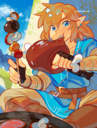 Rule 34 | 1boy, absurdres, belt, blue eyes, blue sky, blue tunic, boned meat, boots, brown belt, brown footwear, champion&#039;s tunic (zelda), commentary, constellor, earrings, eating, fingerless gloves, food, gloves, grill, highres, indian style, jewelry, kebab, light brown hair, link, male focus, meat, mushroom, nintendo, pointy ears, ponytail, sitting, sky, solo, star (symbol), steam, the legend of zelda, the legend of zelda: breath of the wild, twitter username