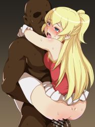 Rule 34 | 1boy, 1girl, ass, bar censor, bare shoulders, blonde hair, blue eyes, blush, breasts, brown background, censored, centurion (k9a9e9l9), clothed female nude male, clothed sex, dark-skinned male, dark skin, gradient background, heart, hetero, long hair, medium breasts, no panties, nude, open mouth, penis, regalia the three sacred stars, saliva, sex, simple background, skirt, straddling, tears, thighhighs, tongue, uniform, vaginal, white thighhighs, yuinshiel asteria