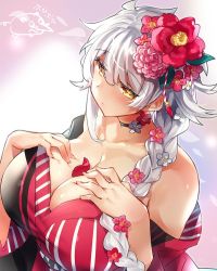 Rule 34 | 1girl, asymmetrical hair, bad id, bad twitter id, bare shoulders, blush, braid, breasts, choker, cleavage, closed mouth, collarbone, flower, hair between eyes, hair flower, hair ornament, hands on own chest, japanese clothes, jitome, kantai collection, kimono, large breasts, long hair, looking at viewer, petals, pokoten (pokoten718), red kimono, silver hair, single braid, solo, swept bangs, unryuu (kancolle), very long hair, wavy hair, yellow eyes