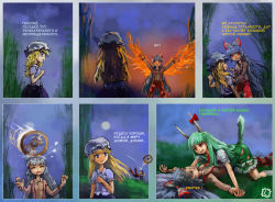 Rule 34 | 3girls, arm grab, blonde hair, blue eyes, blunt bangs, bow, changeability of strange dream, colored eyelashes, comic, ex-keine, eye contact, eyelashes, fire, forest, fujiwara no mokou, full moon, girl on top, green hair, hair bow, hair ornament, hair ribbon, hat, horn ornament, horn ribbon, horns, kamishirasawa keine, limfoman, long hair, looking at another, lying, maribel hearn, moon, multiple girls, nature, night, on ground, outdoors, red eyes, restrained, ribbon, russian text, self-upload, star (symbol), tail, text focus, touhou, translated, white hair, you gonna get raped, yuri