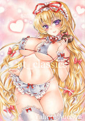 Rule 34 | 1girl, artist name, at classics, bikini, blonde hair, breasts, candy, chocolate, chocolate heart, clothes lift, collar, detached collar, food, frilled collar, frilled cuffs, frills, gluteal fold, groin, heart, large breasts, long hair, looking at viewer, maid, maid bikini, maid headdress, navel, no panties, purple eyes, pussy, pussy peek, ribbon, sample watermark, skirt, skirt lift, smile, solo, swimsuit, thick thighs, thighhighs, thighs, touhou, unconventional maid, valentine, very long hair, watermark, white thighhighs, wrist cuffs, yakumo yukari