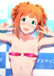 Rule 34 | 1girl, aqua eyes, armpits, bandeau, bare shoulders, blush, breasts, collarbone, double v, embarrassed, idolmaster, idolmaster (classic), long hair, looking at viewer, medium breasts, nipple slip, nipples, o-ring, open mouth, orange hair, smile, sofmap background, solo, step and repeat, takatsuki yayoi, tengu (tetuo kun), twintails, v