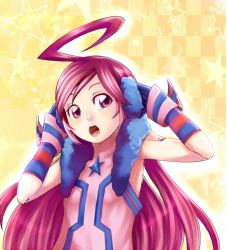 Rule 34 | ahoge, gloves, headphones, joints, long hair, red eyes, red hair, robot joints, sf-a2 miki, solo, star (symbol), striped, vocaloid, wrist cuffs