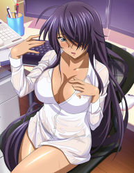 Rule 34 | 1girl, blush, breasts, cleavage, collarbone, dress shirt, grey eyes, hair over one eye, ikkitousen, indoors, kan&#039;u unchou, keyboard (computer), large breasts, long hair, long sleeves, looking at viewer, naked shirt, open mouth, pencil case, purple hair, shiny skin, shirt, sitting, solo, straight hair, very long hair, wet, wet clothes, wet shirt, white shirt