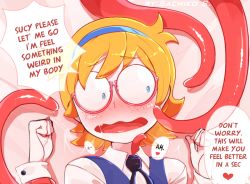 Rule 34 | 1girl, blonde hair, blue eyes, blush, clenched hands, english text, face, freckles, glasses, hairband, heart, little witch academia, lotte jansson, open mouth, pink-framed eyewear, restrained, round eyewear, sachiko shirayuki, scared, semi-rimless eyewear, shirt, speech bubble, tentacles, white shirt