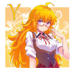 Rule 34 | 1girl, absurdres, ahoge, alternate costume, blonde hair, blouse, bodice, breasts, commentary request, glasses, highres, iesupa, large breasts, long hair, neck ribbon, plaid, plaid skirt, ribbon, rwby, school uniform, shirt, skirt, solo, wavy hair, white shirt, yang xiao long