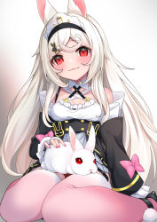 Rule 34 | 1girl, animal, animal ears, animal on lap, bare shoulders, black footwear, black sleeves, blush, bow, breasts, closed mouth, commentary request, copyright request, detached sleeves, dot nose, dress, frilled dress, frilled sleeves, frills, gradient background, grey background, hashiko nowoto, head tilt, high heels, highres, long hair, long sleeves, on lap, pink bow, rabbit, rabbit ears, red eyes, shoes, sitting, small breasts, smile, solo, thighhighs, very long hair, virtual youtuber, wariza, white background, white dress, white hair