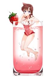 Rule 34 | 1girl, arch lapin, barefoot, blue eyes, blush, breasts, brown hair, checkered clothes, checkered swimsuit, cleavage, closed mouth, commentary, condensation, cup, drinking glass, elbow rest, english commentary, food, frilled swimsuit, frills, fruit, full body, head rest, highres, long hair, looking at viewer, medium breasts, meitantei conan, mini person, minigirl, mouri ran, one-piece swimsuit, red one-piece swimsuit, simple background, smile, solo, strawberry, submerged, swimsuit, water, wet, white background