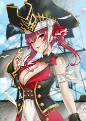 Rule 34 | 1girl, absurdres, belt, black footwear, black hat, blush, boots, breasts, cleavage, cosplay, fate/extra, fate (series), francis drake (fate), francis drake (fate) (cosplay), hat, heterochromia, highres, hololive, houshou marine, knee boots, large breasts, long hair, looking at viewer, open mouth, pants, pirate, pirate hat, red eyes, red hair, ryuuneart, smile, solo, twintails, virtual youtuber, white pants, yellow eyes