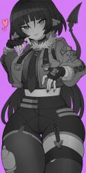 Rule 34 | 1girl, absurdres, animal ear piercing, animal ears, asymmetrical legwear, black gloves, black hair, blunt bangs, breasts, crop top, fingerless gloves, garter straps, gloves, greyscale, heart, high-waist shorts, highres, jacket, jane doe (zenless zone zero), long hair, looking at viewer, mismatched legwear, monochrome, mouse ears, mouse girl, mouse tail, nishitin, pantyhose, purple background, shirt, shorts, simple background, single garter strap, single leg pantyhose, single thighhigh, smile, solo, tail, thighhighs, torn clothes, torn pantyhose, turtleneck, turtleneck shirt, uneven legwear, zenless zone zero