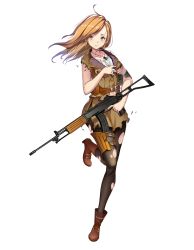Rule 34 | 1girl, assault rifle, bare arms, belt, black pantyhose, blush, boots, breasts, brown footwear, buttons, cartridge, closed mouth, collarbone, dog tags, eyebrows, full body, galil (girls&#039; frontline), girls&#039; frontline, gun, hands on own chest, head tilt, highres, holding, holding gun, holding weapon, holster, imi galil, large breasts, leg up, long hair, looking at viewer, military, military uniform, official art, orange eyes, orange hair, pantyhose, personification, rifle, shirt, solo, tears, thigh holster, torn clothes, torn pantyhose, transparent background, trigger discipline, uniform, weapon, white shirt