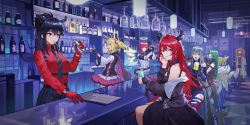 Rule 34 | 6+girls, :d, absurdres, ahoge, alcohol, alternate hairstyle, angelina (arknights), animal ear fluff, animal ears, arknights, arm cuffs, arm support, armor, ascot, bar (place), bare shoulders, beer, beer mug, black gloves, black hair, black jacket, black neckwear, black pants, black shirt, black vest, blonde hair, blouse, blush, bottle, bow, braid, braided hair rings, breastplate, breasts, brown eyes, brown hair, checkered floor, chinese commentary, choker, closed eyes, clothing cutout, cocktail shaker, commentary request, cup, detached collar, detached wings, drinking, drinking glass, elite ii (arknights), extra ears, exusiai (arknights), fingerless gloves, fox ears, fox tail, frilled shirt, frilled skirt, frills, gloves, green hair, grin, hair between eyes, hair bow, hair over one eye, hair rings, halo, headband, highres, holding, holding bottle, holding cup, horns, hoshiguma (arknights), indoors, infection monitor (arknights), jacket, light brown hair, lips, long hair, long sleeves, looking at viewer, low-tied long hair, medium breasts, medium hair, mug, multiple girls, multiple tails, necktie, neon lights, official alternate costume, open clothes, open jacket, open mouth, orange eyes, pants, ponytail, portrait (object), purple eyes, qiufenghaiming, red bow, red eyes, red gloves, red hair, red neckwear, red shirt, shirt, short hair, sidelocks, silver hair, single horn, sitting, skadi (arknights), skadi (elite ii) (arknights), skin-covered horns, skirt, sleeveless, sleeveless shirt, small breasts, smile, sora (arknights), sora (elite ii) (arknights), stool, straight hair, striped clothes, striped headwear, surtr (arknights), suzuran (arknights), tail, texas (arknights), texas (willpower) (arknights), the emperor (arknights), thigh cutout, thigh strap, turtleneck, twintails, upper body, very long hair, vest, waving, wavy hair, white jacket, white shirt, wine bottle, wine glass, wing collar, wings, wolf ears, yellow eyes