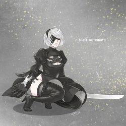 Rule 34 | 1girl, android, artist request, black dress, black thighhighs, blindfold, boots, breasts, cleavage, cleavage cutout, clothing cutout, dress, gloves, high heel boots, high heels, highres, juliet sleeves, kneeling, long sleeves, nier (series), nier:automata, puffy sleeves, side slit, silver hair, solo, sword, thigh boots, thighhighs, weapon, 2b (nier:automata)