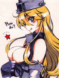 Rule 34 | 10s, 1girl, areola slip, blonde hair, blue eyes, breasts, fingerless gloves, gloves, highres, iowa (kancolle), kantai collection, kusanagi tonbo, large breasts, long hair, solo, star-shaped pupils, star (symbol), symbol-shaped pupils, uss iowa (bb-61)
