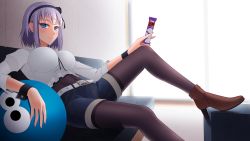 Rule 34 | 10s, 1girl, alternate costume, ball, belt, between breasts, between fingers, black flower, black pantyhose, black rose, blue eyes, boots, breasts, brown footwear, closed mouth, couch, covered navel, cube, dagashi kashi, denim, denim shorts, eyebrows, flower, food, frills, hair flower, hair ornament, hair ribbon, hairband, high heels, highres, holding, holding food, impossible clothes, impossible shirt, indoors, large breasts, leaning back, pantyhose under shorts, looking at viewer, midriff, mitty (bareg 09), neck ribbon, pantyhose, pantyhose under shorts, puffy sleeves, purple hair, ribbon, rose, shidare hotaru, shirt, short hair, shorts, sitting, sleeves past elbows, sliding doors, smile, solo, sweets, thighband pantyhose, umaibou, wallpaper, white shirt, wrist cuffs, wristband