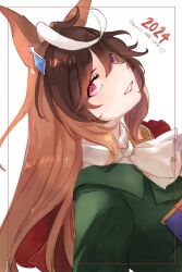 Rule 34 | 1girl, 2023, animal ears, ascot, brown hair, earrings, green jacket, head tilt, highres, horse ears, jacket, jewelry, jupo (nnmn 7737), long hair, long sleeves, looking at viewer, looking to the side, multicolored hair, open mouth, pink eyes, shirt, single earring, solo, streaked hair, symboli rudolf (umamusume), umamusume, upper body, white ascot, white background, white shirt