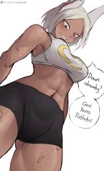 Rule 34 | 1girl, abs, animal ears, bare shoulders, black shorts, boku no hero academia, breasts, commentary, crescent print, dark-skinned female, dark skin, english commentary, english text, funi xd, highres, large breasts, long eyelashes, looking at viewer, mirko, navel, parted bangs, parted lips, patreon username, rabbit ears, rabbit girl, red eyes, short hair, shorts, simple background, smile, solo, speech bubble, sports bra, stomach, sweat, thick thighs, thighs, toned female, white background, white hair, white sports bra