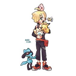Rule 34 | 1boy, ahoge, black pants, blonde hair, commentary request, creatures (company), cutiefly, daifuku (pokefuka art), dated, ear piercing, game freak, gen 1 pokemon, gen 2 pokemon, gen 4 pokemon, gen 7 pokemon, gladion (pokemon), green eyes, hair over one eye, hand puppet, holding, holding pokemon, igglybuff, male focus, nintendo, on head, open mouth, orange footwear, pants, piercing, pikachu, pokemon, pokemon (creature), pokemon on head, pokemon sm, puppet, riolu, shoes, short hair, simple background, standing, sweatdrop, togepi, torn clothes, torn pants, white background